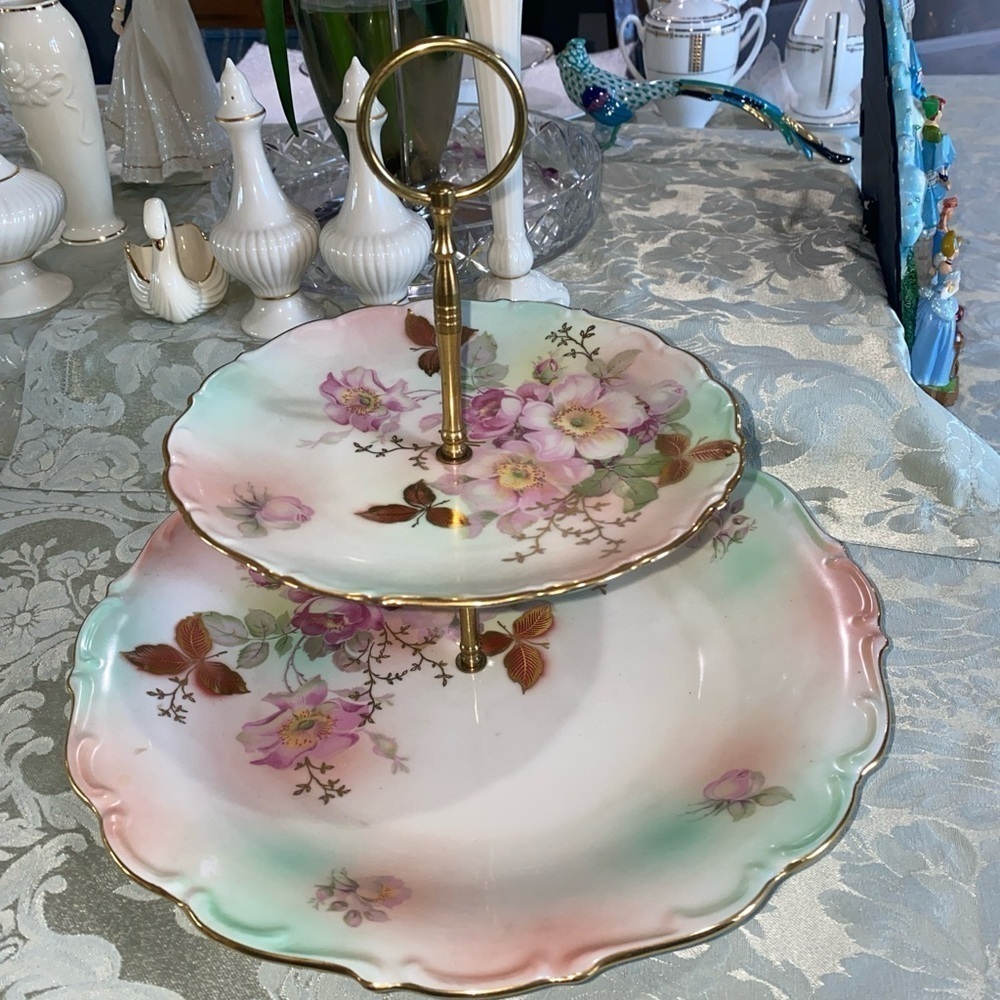 VINTAGE GERMAN SCHUMANN ARZBERG PORCELAIN TWO-TIERED‎ ‘WILD ROSE’ SERVING TRAY